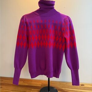 Ann Taylor Purple Turtleneck Sweater with Red Geometric Pattern